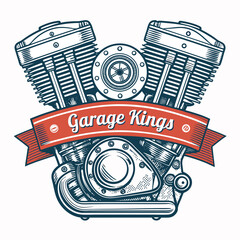 A gleaming V-twin motorcycle engine, meticulously detailed, prominently displays a "Garage Kings" banner.  High-resolution studio shot.