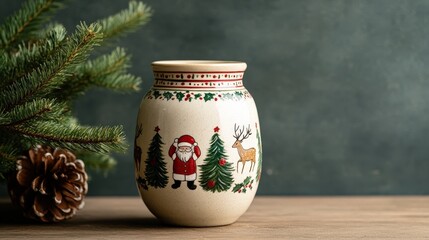 Festive ceramic jar with Santa, reindeer, and Christmas trees, beside pine branches and a pinecone on a wooden surface.