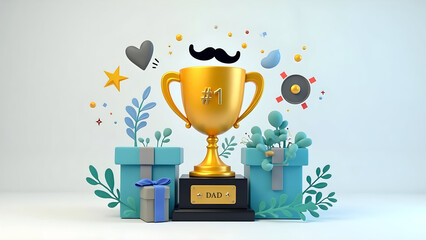 Celebrating the best dad ever with a golden trophy, gifts, and heartfelt symbols in a playful 3D rendering.