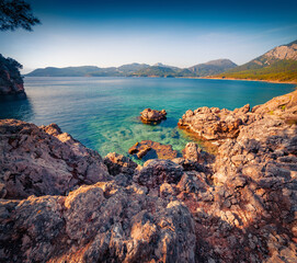 Calm Mediterranean seascape in Turkey, Asia. Stunning summer view of  Pirate Bay on Gelidonya...