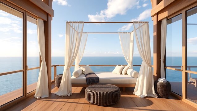 Balcony lounge with canopy daybed, soft curtains, ocean soundscape, warm tones, 3D render