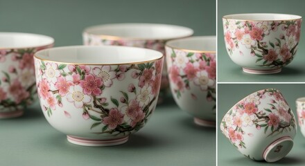 Four delicate porcelain teacups adorned with intricate cherry blossom patterns.