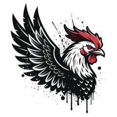 Design a logo featuring a winged chicken, incorporating grunge textures reminiscent of urban decay.  The style should be edgy and slightly rebellious.