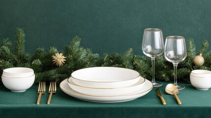 Elegant holiday table setting with fine china, gold flatware, glassware, and festive evergreen decorations on a green tablecloth.