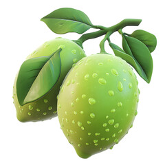 Two juicy limes with water droplets and leaves.