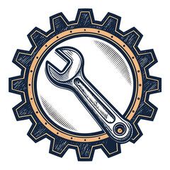 A powerful wrench firmly lodged within a large, metallic cogwheel, set against a bold, industrial-style frame.  The scene is gritty and detailed.