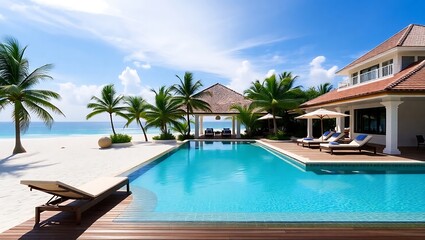 Bahamas oceanfront villa terrace, white sand beach, infinity pool, Caribbean luxury