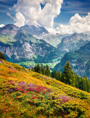 Sunny summer view of the Kandersteg village from the Oeschinen Lake.