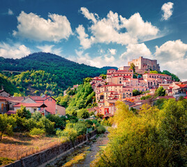 Spectacular summer view of Caracciolo di Brienza Castle. Marvelous morning cityscape of Brienza town, Italy, Europe. Traveling concept background.