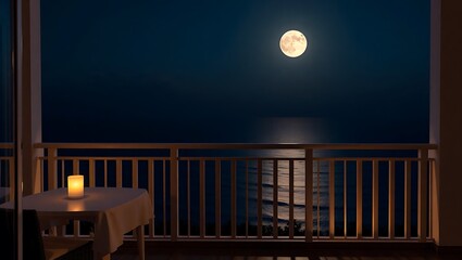 Balcony at night with full moon, ambient lighting, romantic atmosphere, ocean view