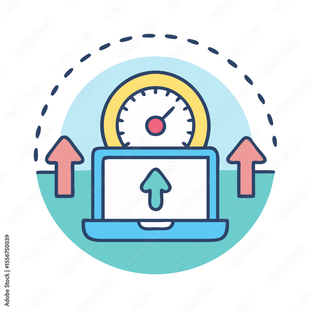Poster laptop with speedometer and arrows representing data increase