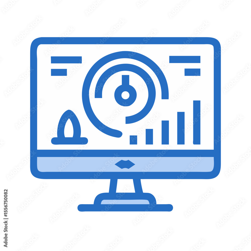 Poster blue data dashboard on computer screen displaying graphs
