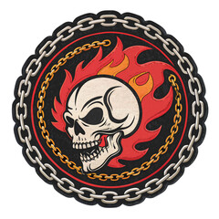 Biker patch, flaming billiard cues, intertwined chain, stylized, grungy, vintage, embroidery design.