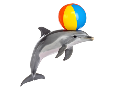 Dolphin Balancing Colorful Beach Ball Isolated on Transparent Background
