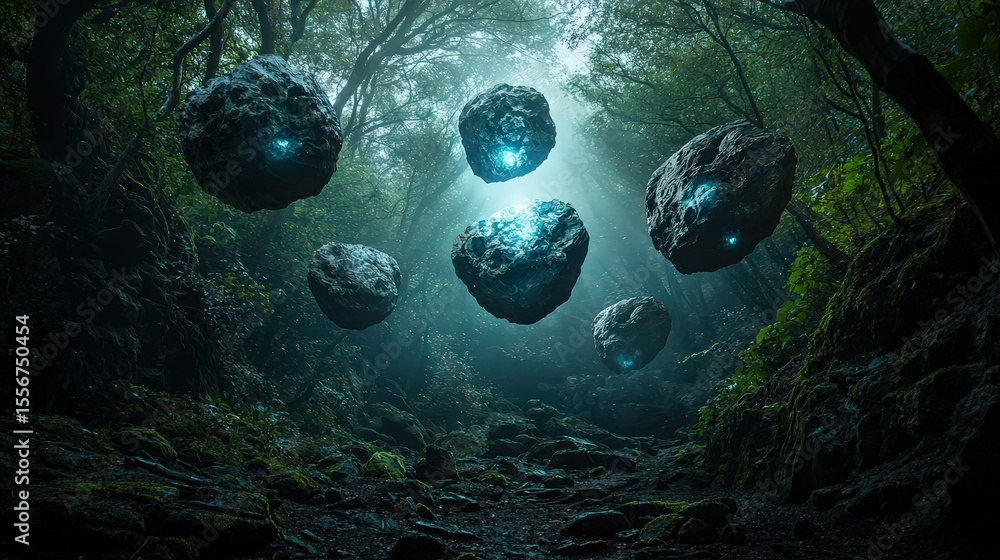 Poster floating mystical rocks enchanted forest fantasy art ethereal atmosphere low angle imagination unlea