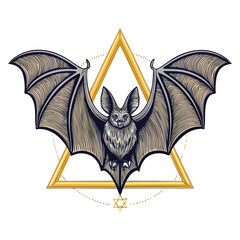 A bat, dark wings spread, holds a golden pool triangle, billiards equipment, snooker, rack.