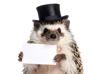 Hedgehog in Top Hat Holds Blank Sign on Transparent Background