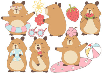 Fototapeta premium Summer set of animals capybaras cartoon kawaii happy characters hand drawn flat design illustrations 