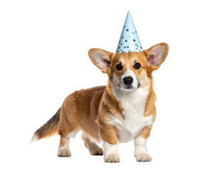 Happy Corgi Dog Wearing A Blue Party Hat On A Transparent Background