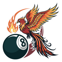 Fiery phoenix soars, wings ablaze, through a glowing billiard ring, dynamic, epic, mythical.