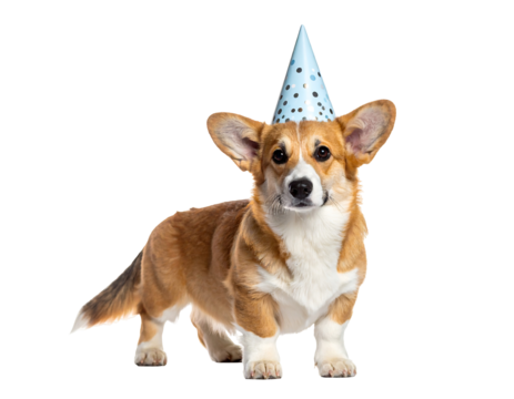 Happy Corgi Dog Wearing A Blue Party Hat On A Transparent Background