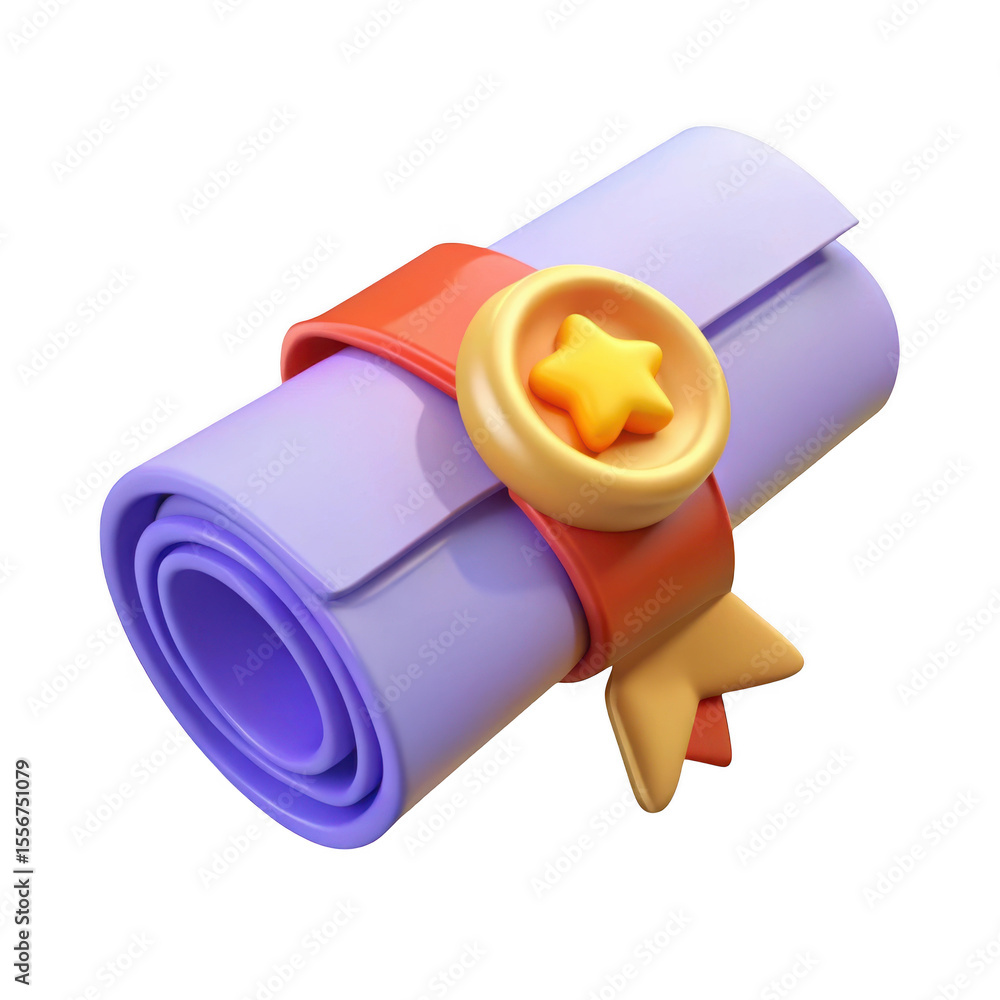 Poster 3d cartoon scroll with seal and ribbon isolated on transparent background