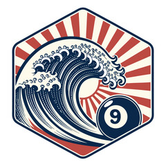 Retro badge with great wave kanagawa, billiard 9 ball. Bold design, vibrant colors.
