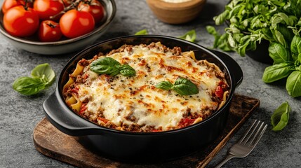Baked lasagna topped with melted cheese and fresh basil, surrounded by tomatoes and herbs on a rustic table.