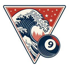 Retro badge featuring a Japanese wave, stylized 9-ball. Bold colors, vintage aesthetic, circular design.