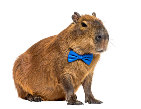 Capybara with Brown Fur Wearing a Blue Bow Tie Isolated Transparent Background