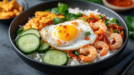 A colorful rice bowl with shrimp, fried egg, cucumber slices, herbs, and crispy chips, served in a black bowl.