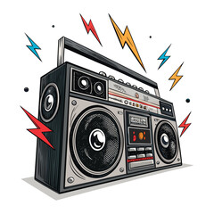 Retro boombox with 8-ball speakers emits lightning flashes, vibrant colors, dynamic composition, realistic rendering.