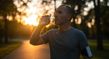 Close-up of a man drinking water after an outdoor run, sunset in the background, fitness and hydration concept, warm natural light, healthy lifestyle and recovery moment. © Lucas