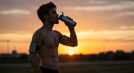 Close-up of a man drinking water after an outdoor run, sunset in the background, fitness and hydration concept, warm natural light, healthy lifestyle and recovery moment.
