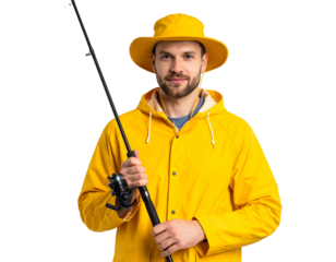 Man in Yellow Raincoat Holding Fishing Rod Isolated on Transparent Background