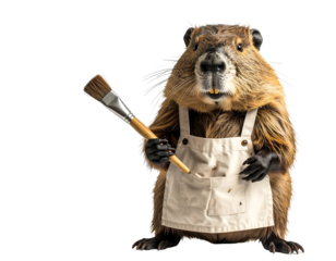 Groundhog in Apron Holds Paintbrush on Transparent Background Portrait