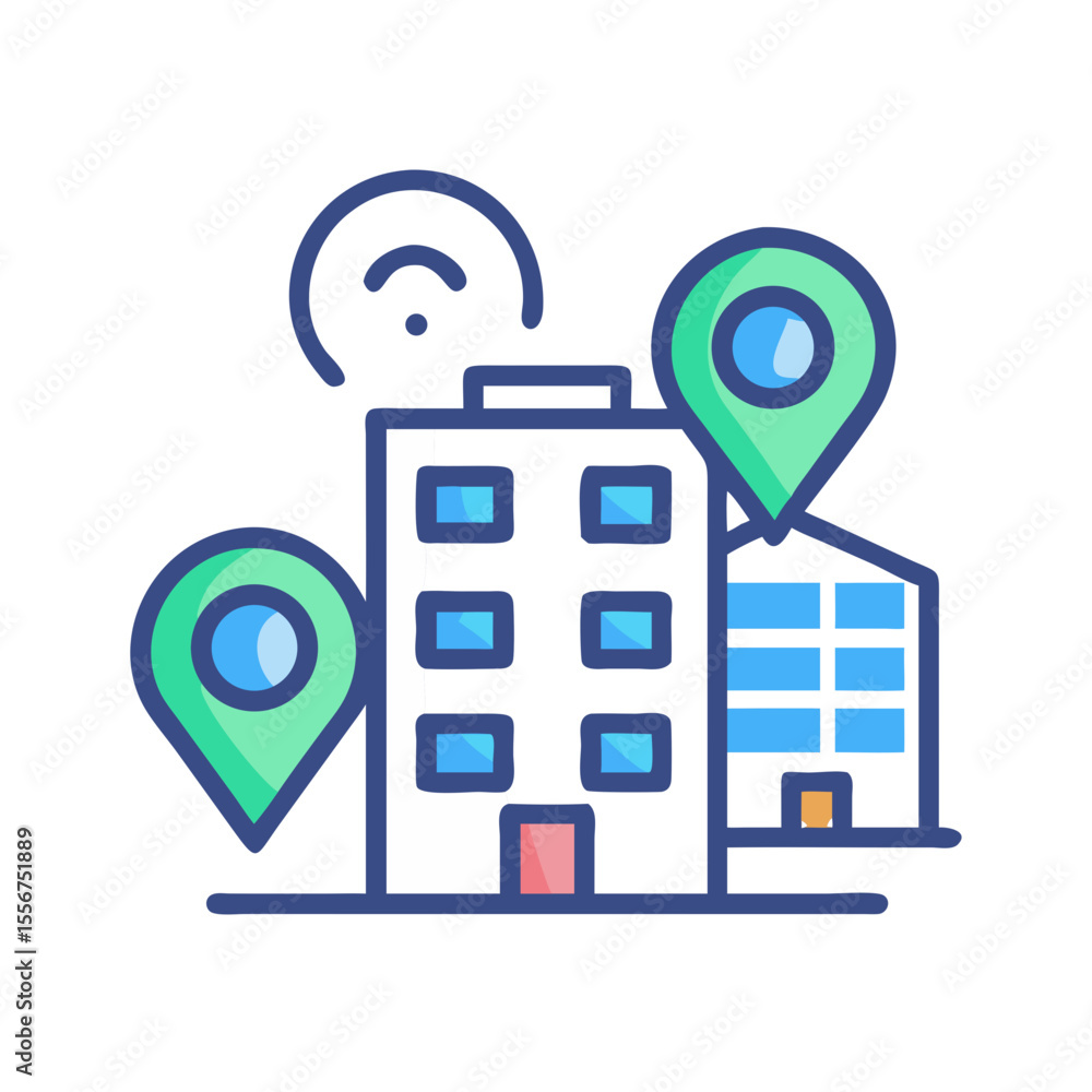 Poster office locations icon with buildings and map pointers