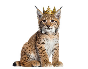 Fototapeta premium Lynx Wearing Golden Crown Isolated Against Transparent Background