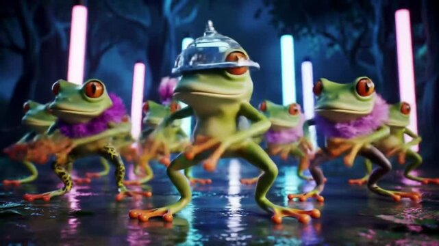 Groovy Frog Dance Neon Jungle Dance Party - 3D Render