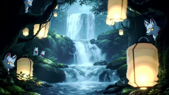 Cartoon waterfall scene with lanterns and foxlike creatures in a misty forest environment