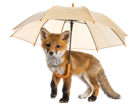 Fox Cub Under Cream Umbrella Against Transparent Background with Rain