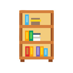 Stylized wooden bookshelf featuring organized colorful books and files