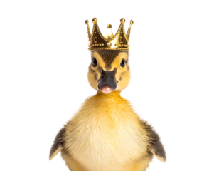 Adorable Duckling Wearing Gold Crown Isolated on Transparent Background