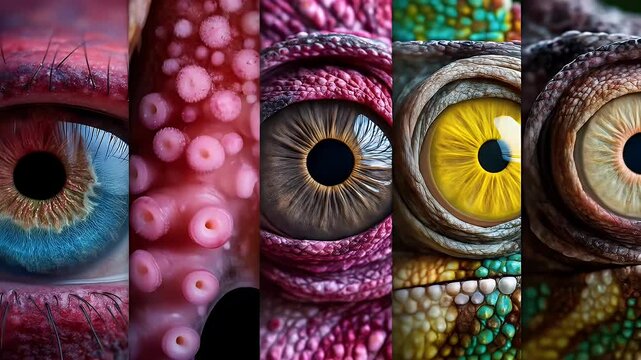 Detailed Macro Collage of Human and Reptile Eyes with Unique Textures Scales and Patterns in Red Blue and Yellow Tones a Showcase of Biological Diversity