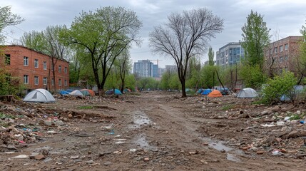 Urban encampment amidst debris