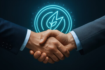 Financial growth in energy sector represented by handshake between business partners with glowing eco leaf symbol in background