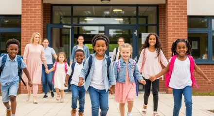 Diverse group of elementary school students and teachers exiting a school building happily