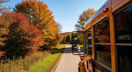 Obraz premium School Bus Travels Scenic Rural Road Surrounded by Vibrant Autumn Foliage Under Clear Blue Sky