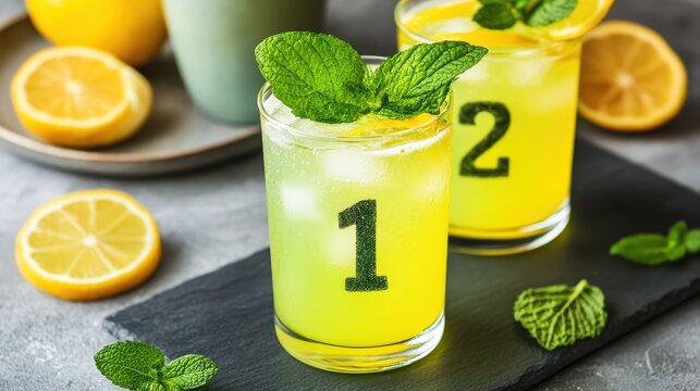 Two glasses of refreshing lemon drink with mint leaves, numbered 1 and 2, served on a slate, surrounded by lemon slices.