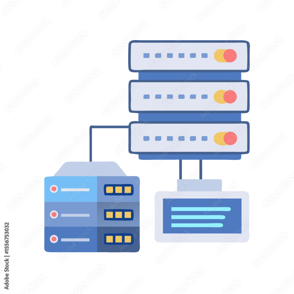 Poster stylized server and network infrastructure diagram on white background